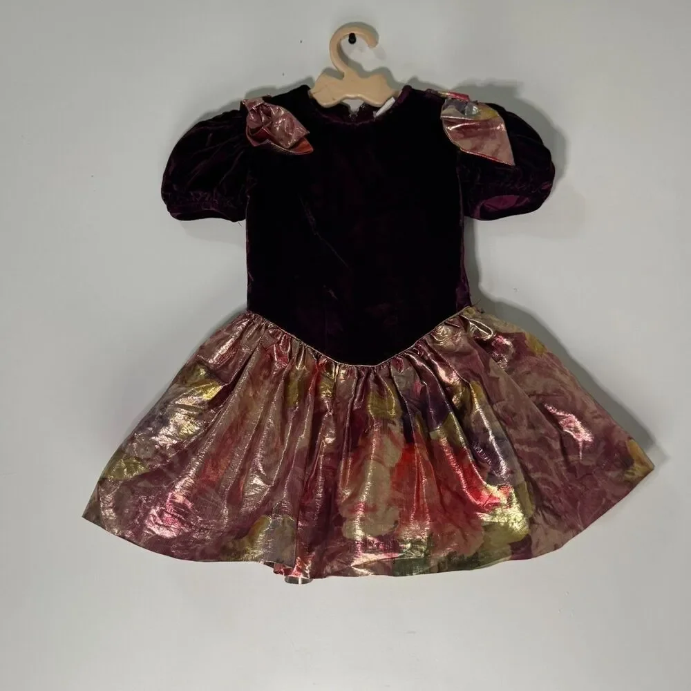 VTG Dorissa International Toddler Girls 4T Dress Burgundy Gold Bow Holiday